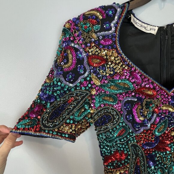 Scala Womens Sequin Dress Size Small Colorful Vtg Short Sleeve Evening Gown - Picture 5 of 15